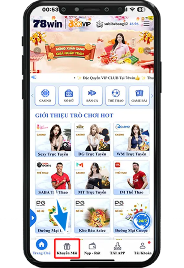 Bước 1 : Tại trang chủ chọn Khuyến mãi